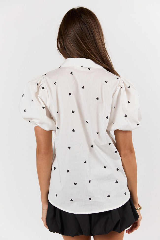 I Do Love You Ivory and Black Heart Print Short Sleeve Button Down Blouse FINAL SALE-Sunny Prom