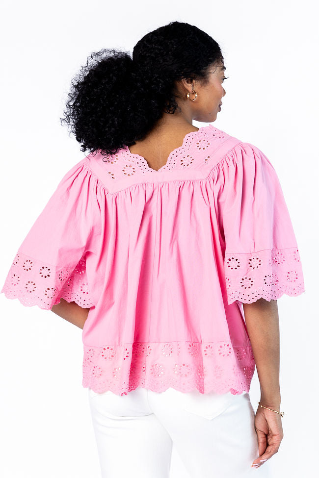 No Regrets Pink Eyelet Detail Popover Short Sleeve Blouse-Sunny Prom