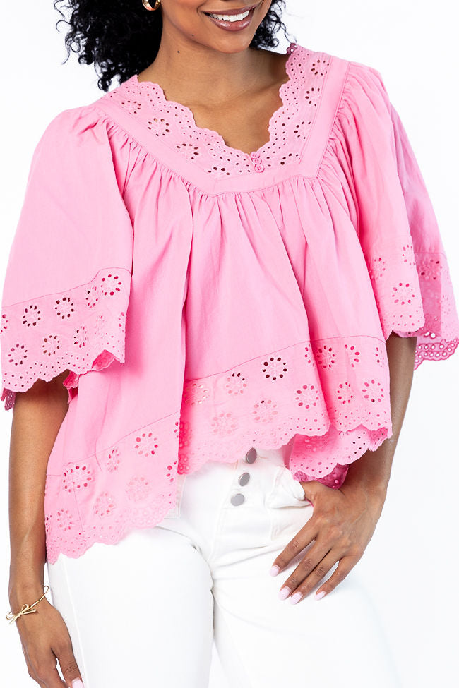 No Regrets Pink Eyelet Detail Popover Short Sleeve Blouse-Sunny Prom