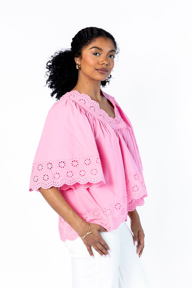 No Regrets Pink Eyelet Detail Popover Short Sleeve Blouse-Sunny Prom