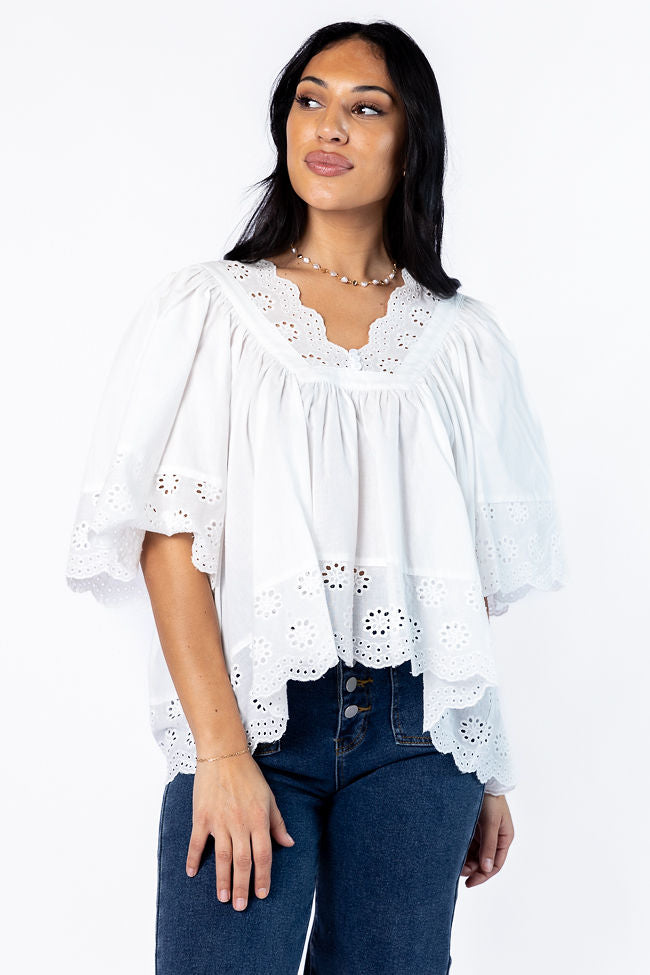 No Regrets Ivory Eyelet Detail Popover Short Sleeve Blouse-Sunny Prom