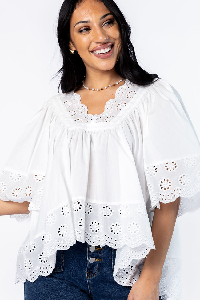 No Regrets Ivory Eyelet Detail Popover Short Sleeve Blouse-Sunny Prom