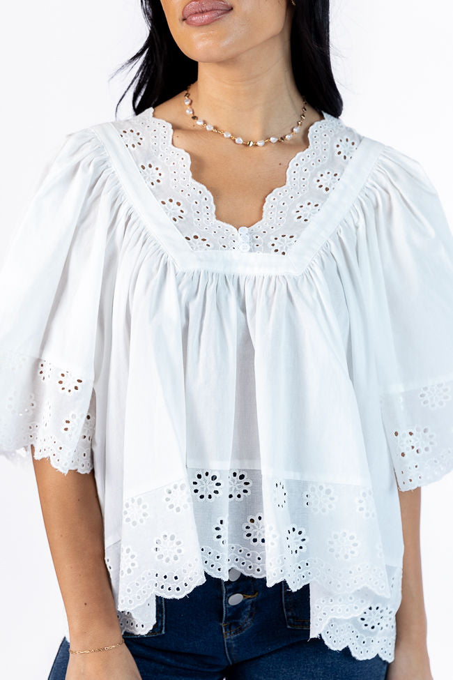 No Regrets Ivory Eyelet Detail Popover Short Sleeve Blouse-Sunny Prom