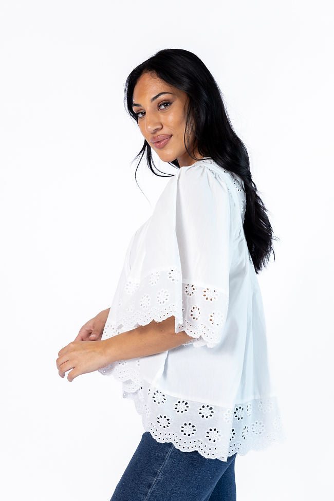 No Regrets Ivory Eyelet Detail Popover Short Sleeve Blouse-Sunny Prom