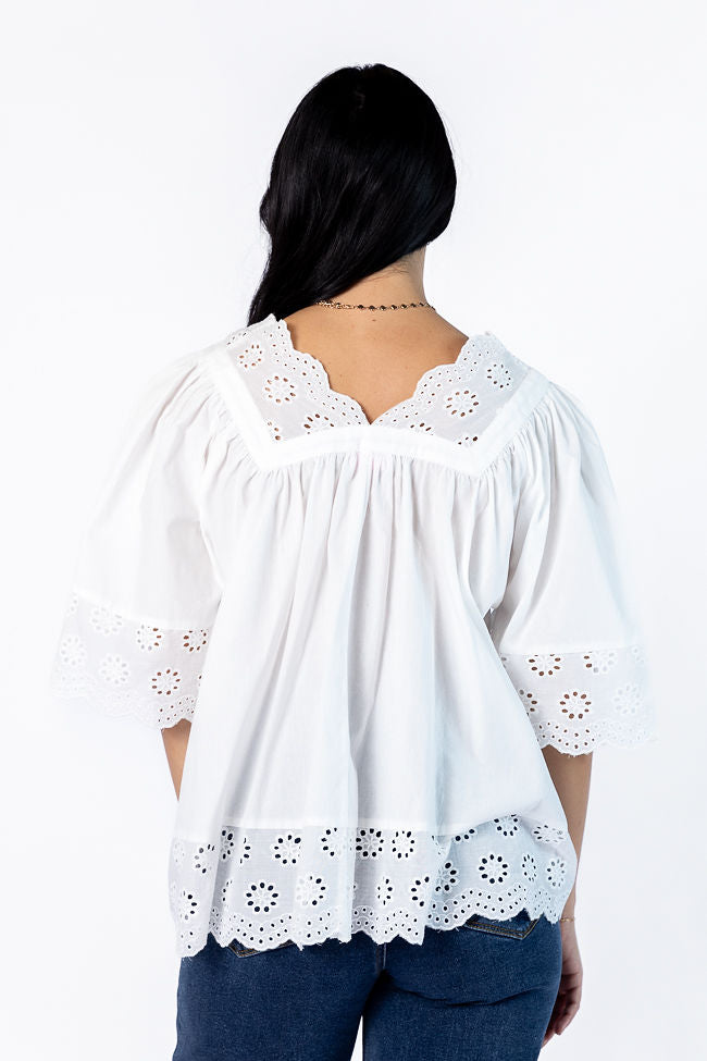 No Regrets Ivory Eyelet Detail Popover Short Sleeve Blouse-Sunny Prom