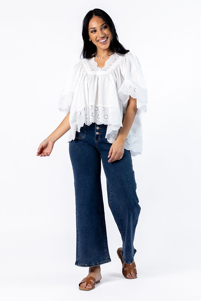 No Regrets Ivory Eyelet Detail Popover Short Sleeve Blouse-Sunny Prom