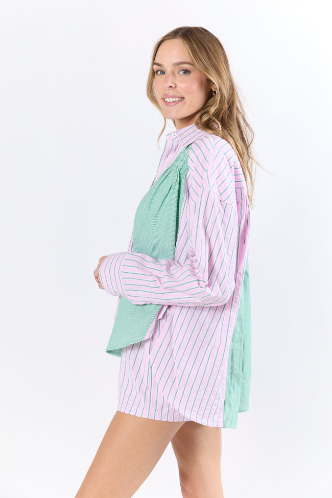 Palm Grove Light Pink and Green Multi Stripe Button Down Shirt-Sunny Prom