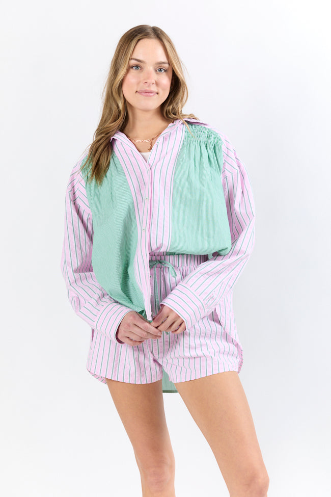 Palm Grove Light Pink and Green Multi Stripe Button Down Shirt-Sunny Prom