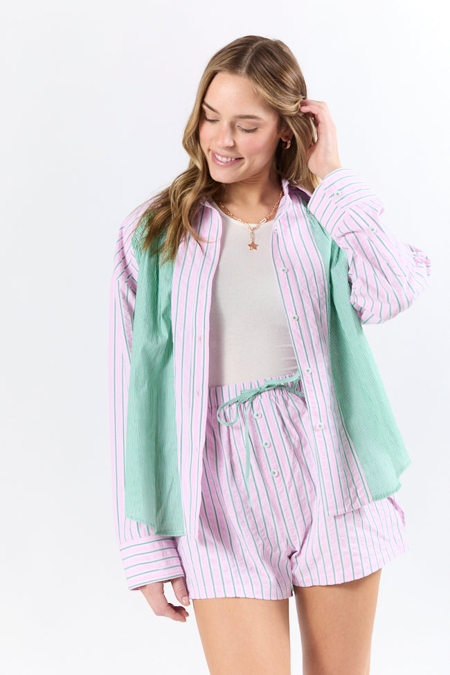 Palm Grove Light Pink and Green Multi Stripe Button Down Shirt-Sunny Prom