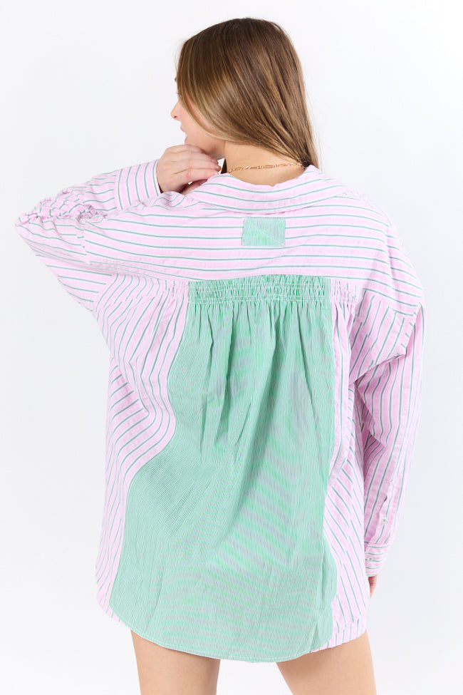 Palm Grove Light Pink and Green Multi Stripe Button Down Shirt-Sunny Prom