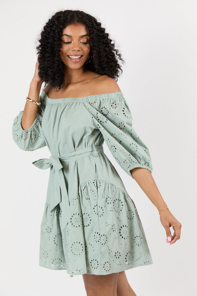 Set The Sage Eyelet Off The Shoulder Dress SALE-Sunny Prom