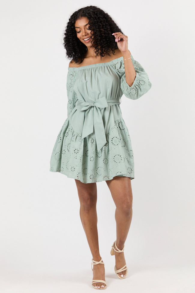 Set The Sage Eyelet Off The Shoulder Dress SALE-Sunny Prom