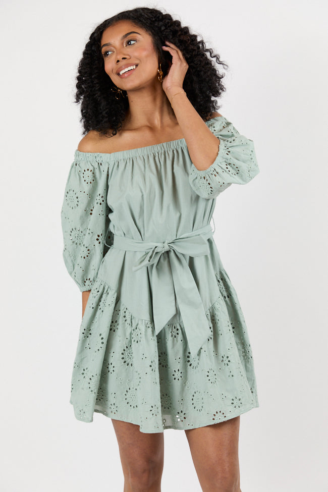 Set The Sage Eyelet Off The Shoulder Dress SALE-Sunny Prom
