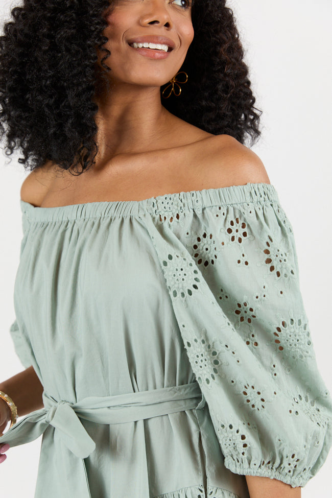 Set The Sage Eyelet Off The Shoulder Dress SALE-Sunny Prom