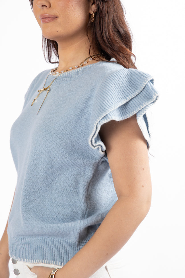 Everywhere and Back Light Blue Flutter Sleeve Stitched Detail Sweater FINAL SALE-Sunny Prom