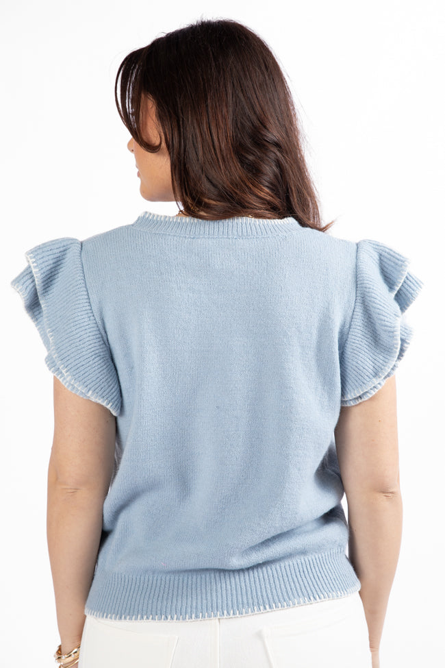Everywhere and Back Light Blue Flutter Sleeve Stitched Detail Sweater FINAL SALE-Sunny Prom