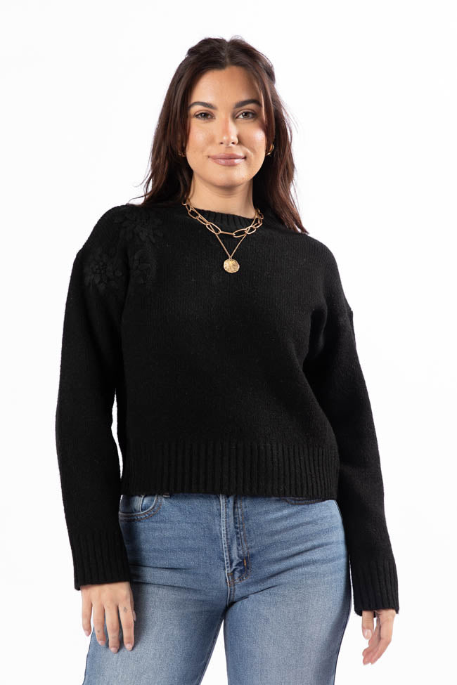 Days Of Dreaming Black Floral Embroidered Crew Neck Sweater FINAL SALE-Sunny Prom