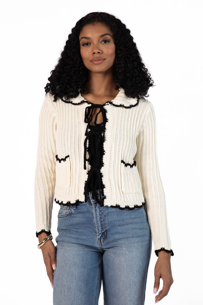 Aim High Cream and Black Tie Front Crochet Cardigan FINAL SALE-Sunny Prom