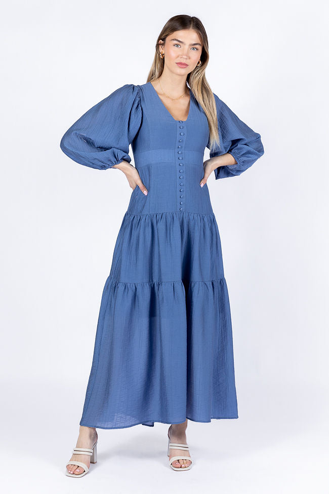 Enchanting Moments Blue Button Detail Maxi Dress FINAL SALE-Sunny Prom