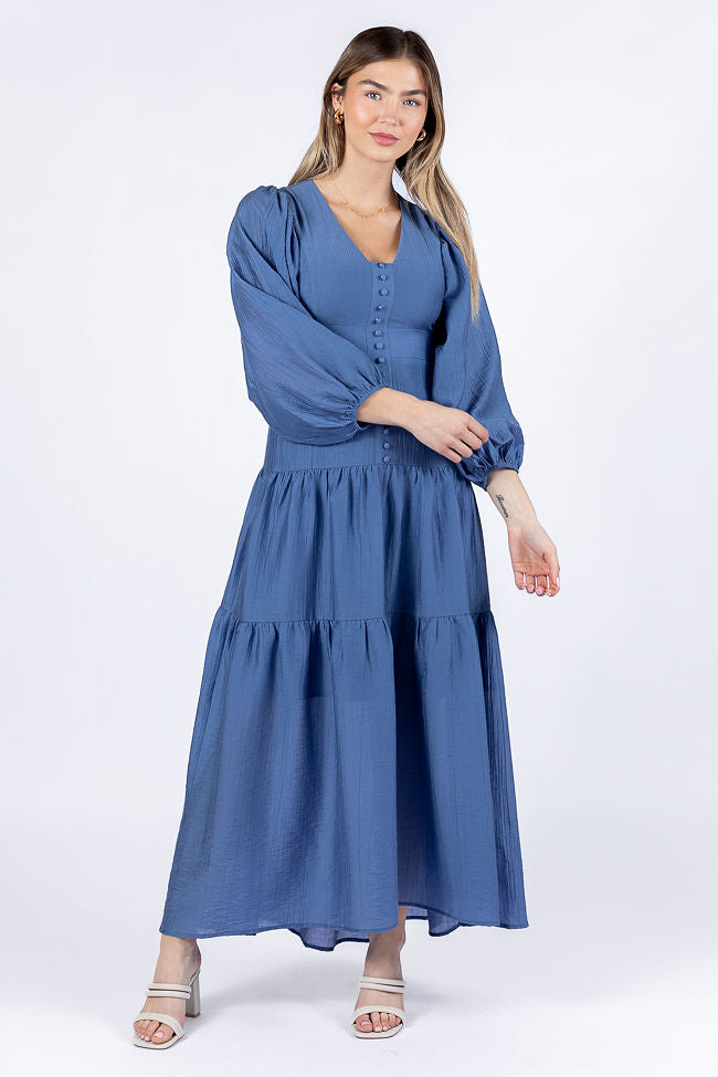 Enchanting Moments Blue Button Detail Maxi Dress FINAL SALE-Sunny Prom