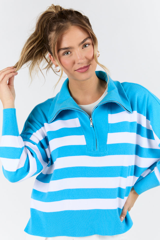 Pulling Heartstrings Hip Length Aqua Stripe Quarter Zip Pullover FINAL SALE-Sunny Prom