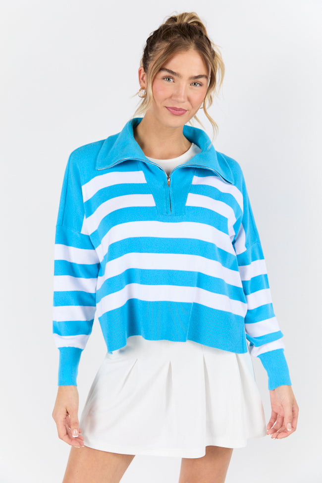 Pulling Heartstrings Hip Length Aqua Stripe Quarter Zip Pullover FINAL SALE-Sunny Prom