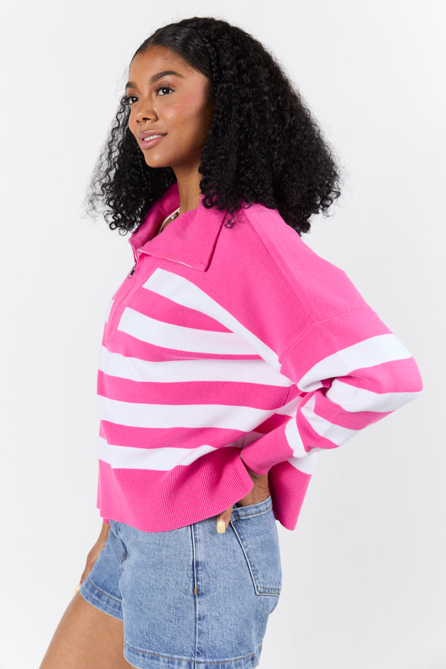 Pulling Heartstrings Hip Length Pink Stripe Quarter Zip Pullover FINAL SALE-Sunny Prom