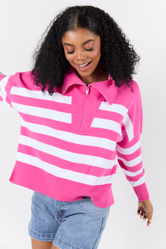 Pulling Heartstrings Hip Length Pink Stripe Quarter Zip Pullover FINAL SALE-Sunny Prom