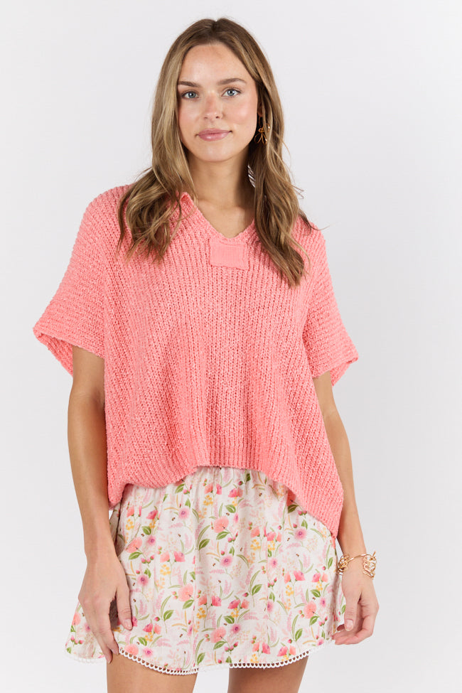 Make Waves Coral Short Sleeve Textured Lightweight Sweater FINAL SALE-Sunny Prom