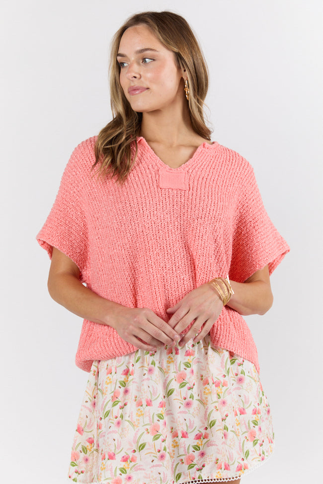 Make Waves Coral Short Sleeve Textured Lightweight Sweater FINAL SALE-Sunny Prom