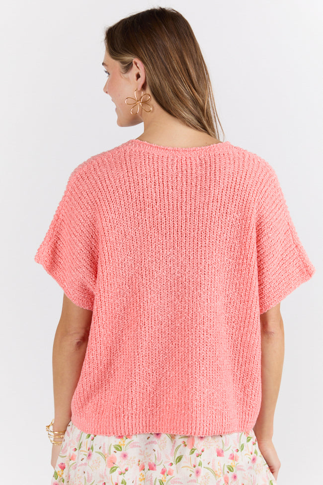 Make Waves Coral Short Sleeve Textured Lightweight Sweater FINAL SALE-Sunny Prom