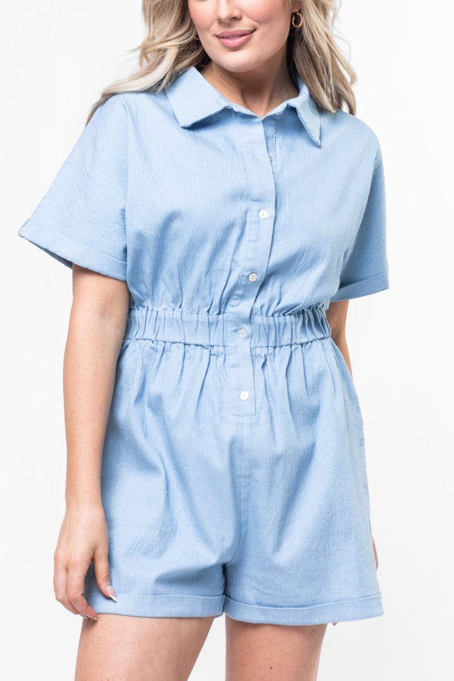 Walk With Me Blue Solid Chambray Romper FINAL SALE-Sunny Prom