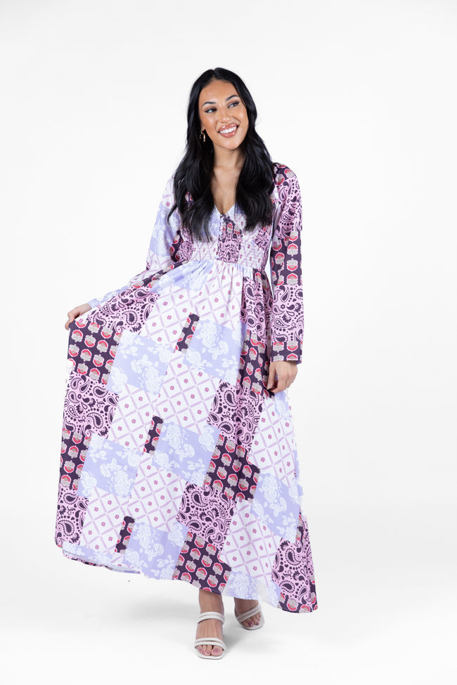 Falling Petals Purple Patchwork Printed Maxi Dress FINAL SALE-Sunny Prom
