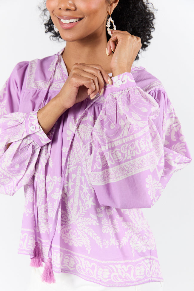 Unspoken Grace Purple Multi Printed Long Sleeve Blouse FINAL SALE-Sunny Prom
