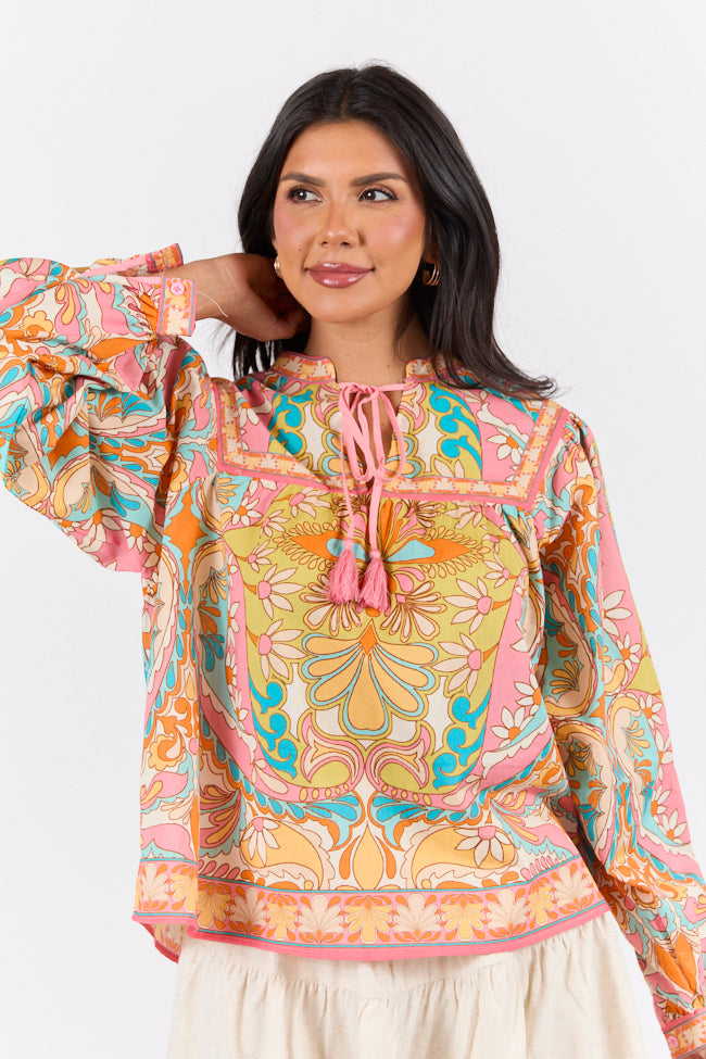Mosaic Gardens Purple Printed Long Sleeve Blouse FINAL SALE-Sunny Prom