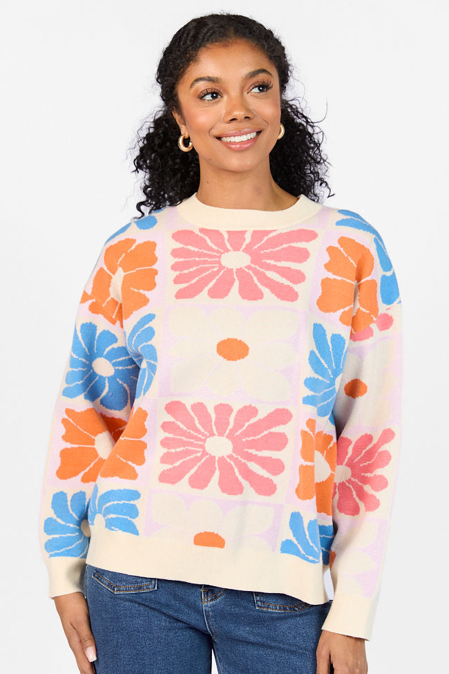Gracious Gardens Blue Multi Block Floral Sweater FINAL SALE-Sunny Prom