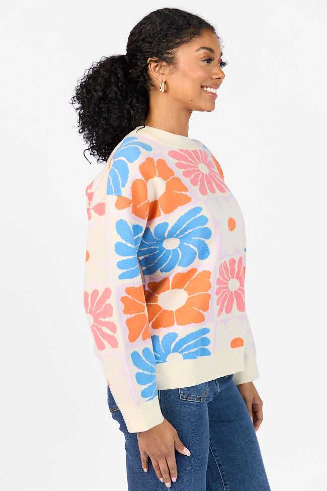 Gracious Gardens Blue Multi Block Floral Sweater FINAL SALE-Sunny Prom