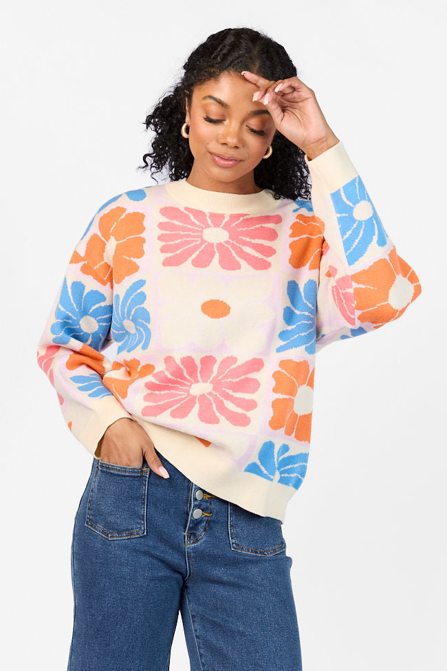 Gracious Gardens Blue Multi Block Floral Sweater FINAL SALE-Sunny Prom