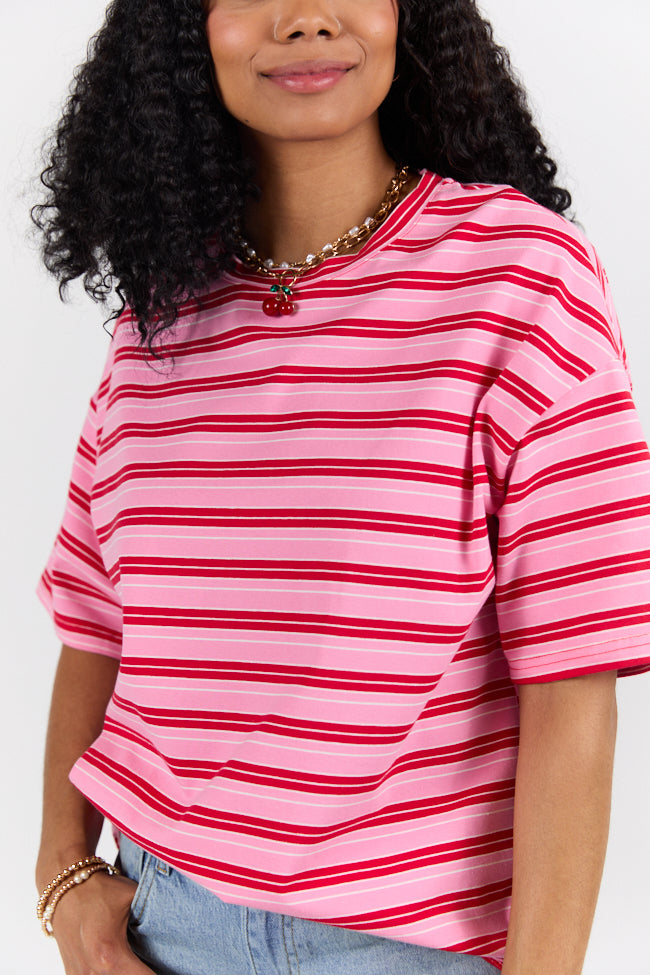 Between The Lines Pink and Red Oversized Striped Tee SALE-Sunny Prom