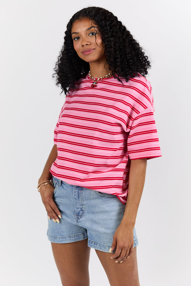 Between The Lines Pink and Red Oversized Striped Tee SALE-Sunny Prom