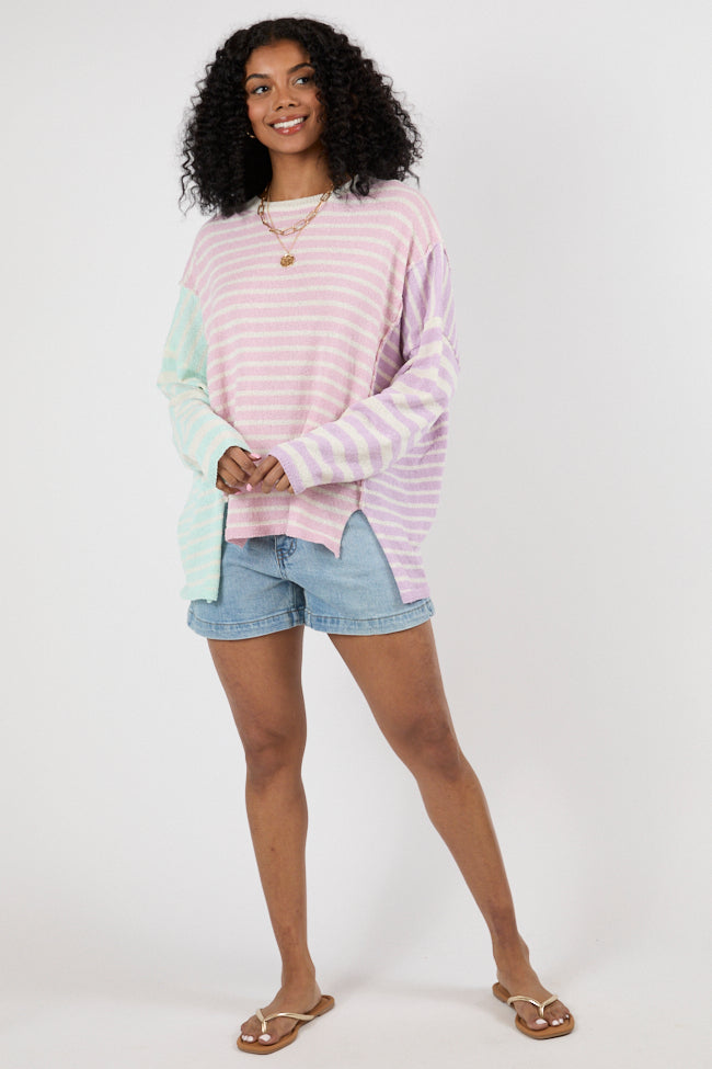 Kind Hearts Colorblock Mint/Pink/Purple Multi Stripe Sweater FINAL SALE-Sunny Prom
