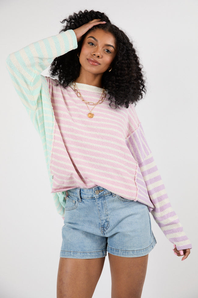 Kind Hearts Colorblock Mint/Pink/Purple Multi Stripe Sweater FINAL SALE-Sunny Prom
