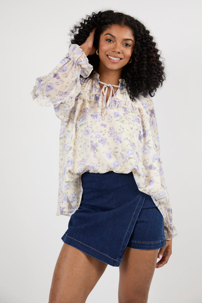 All I Want Purple Multi Oversized Ruffle Detail Popover Floral Blouse FINAL SALE-Sunny Prom