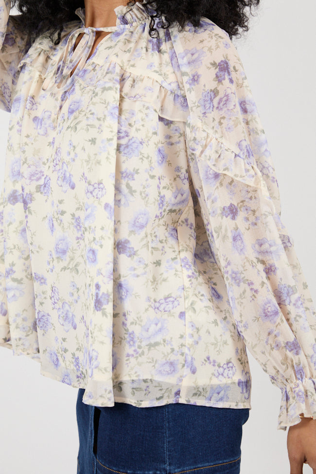 All I Want Purple Multi Oversized Ruffle Detail Popover Floral Blouse FINAL SALE-Sunny Prom