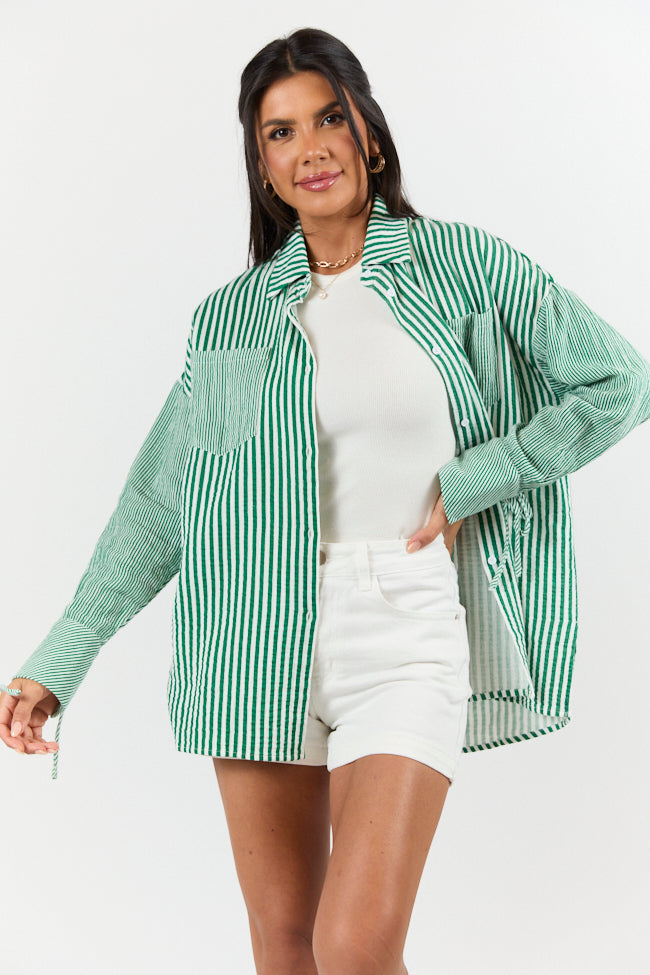 Daybreak Dreams Green Gauze Multi Stripe Button Down Top-Sunny Prom