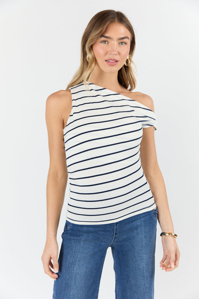 Twilight Tides Ivory and Navy Stripe Twisted Off The Shoulder Knit Top-Sunny Prom