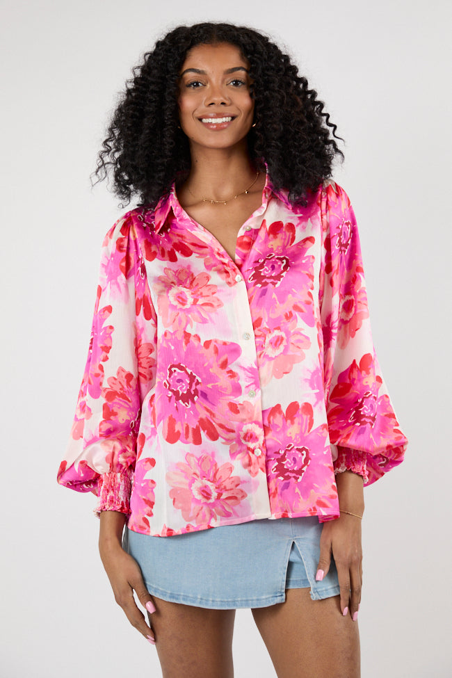 I've Been Waiting Rose Floral Satin Button Down Blouse FINAL SALE-Sunny Prom