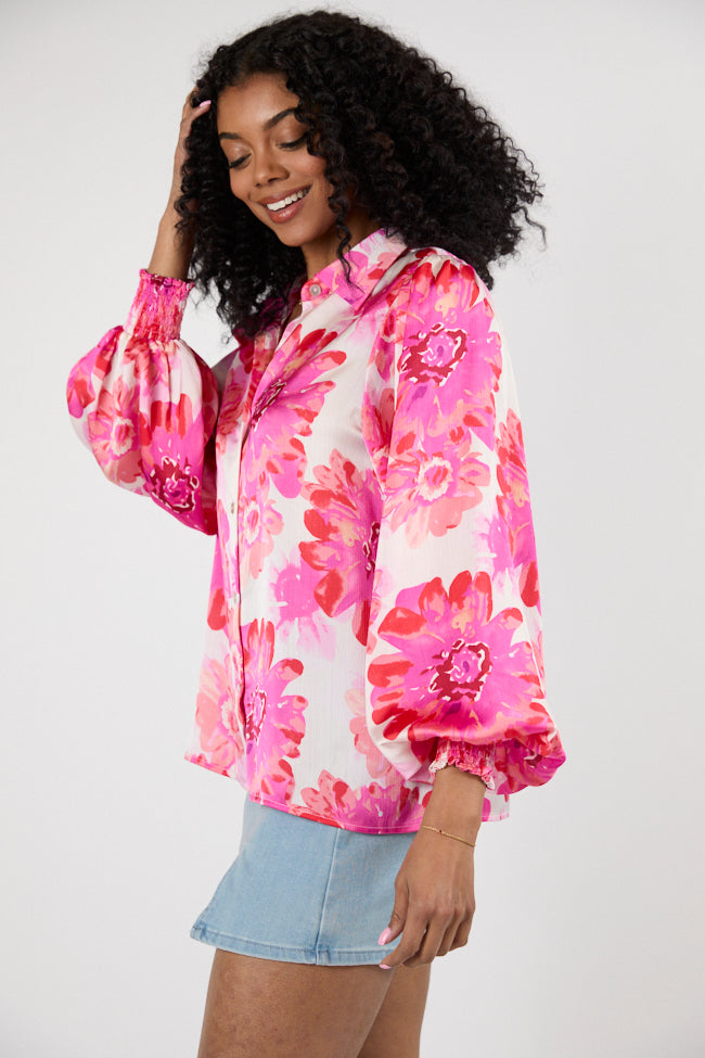 I've Been Waiting Rose Floral Satin Button Down Blouse FINAL SALE-Sunny Prom