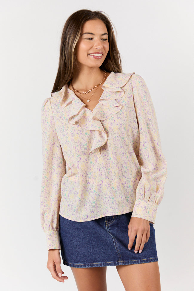 Floral Mirage Ruffle Trim Pastel Blouse FINAL SALE-Sunny Prom