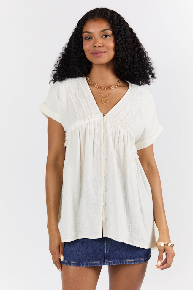 If I Knew Ivory Gauze Button Detail Short Sleeve Top FINAL SALE-Sunny Prom